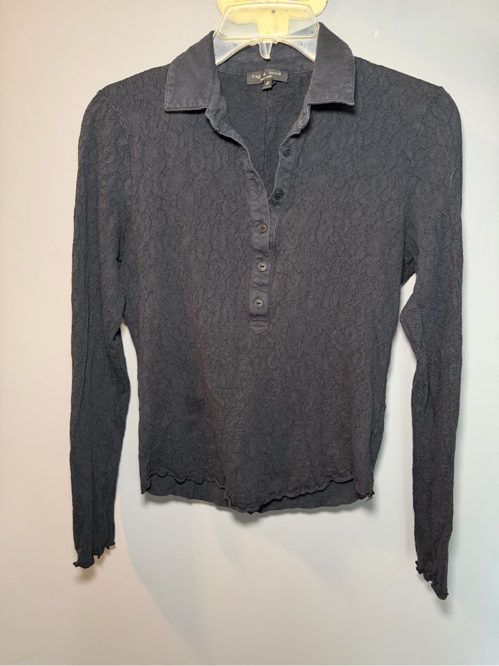 rag & bone Black Textured V‑Neck Polo Sweater